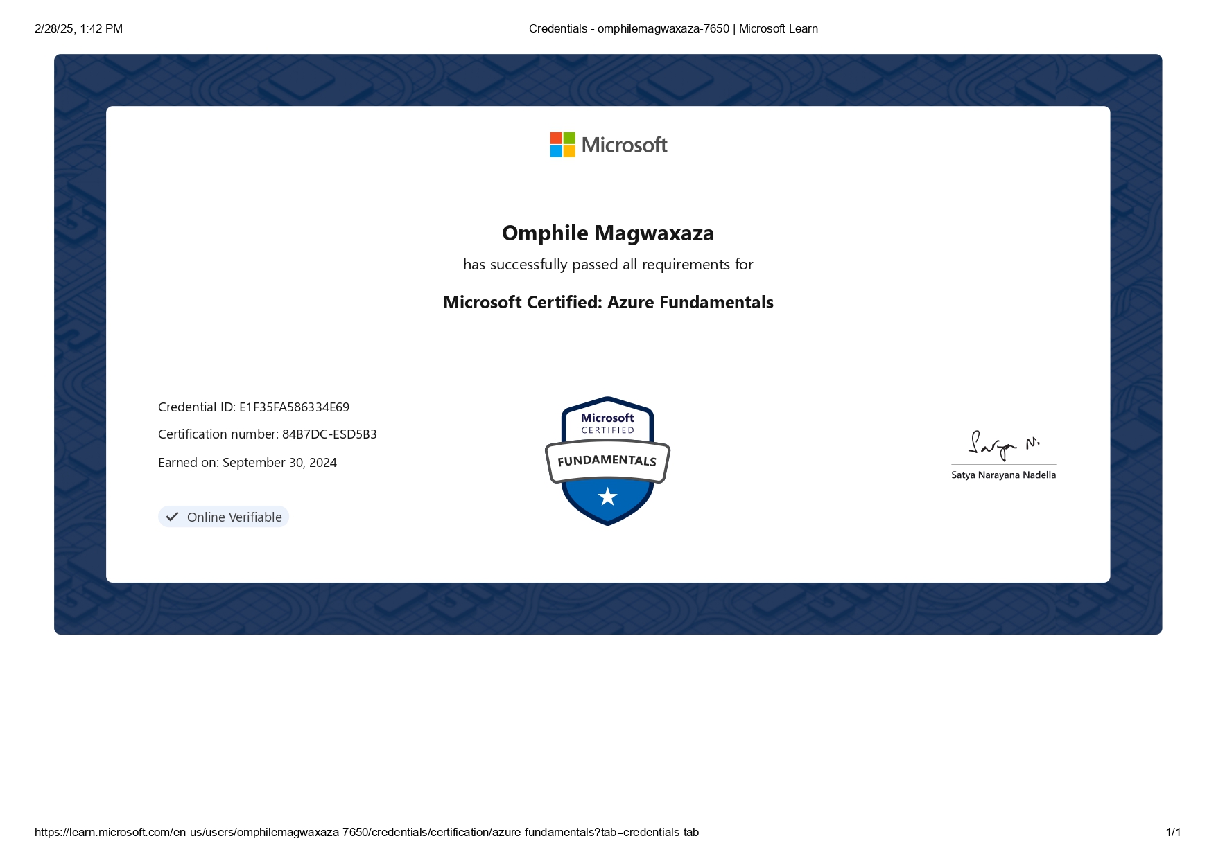 Azure Fundamentals Certificate